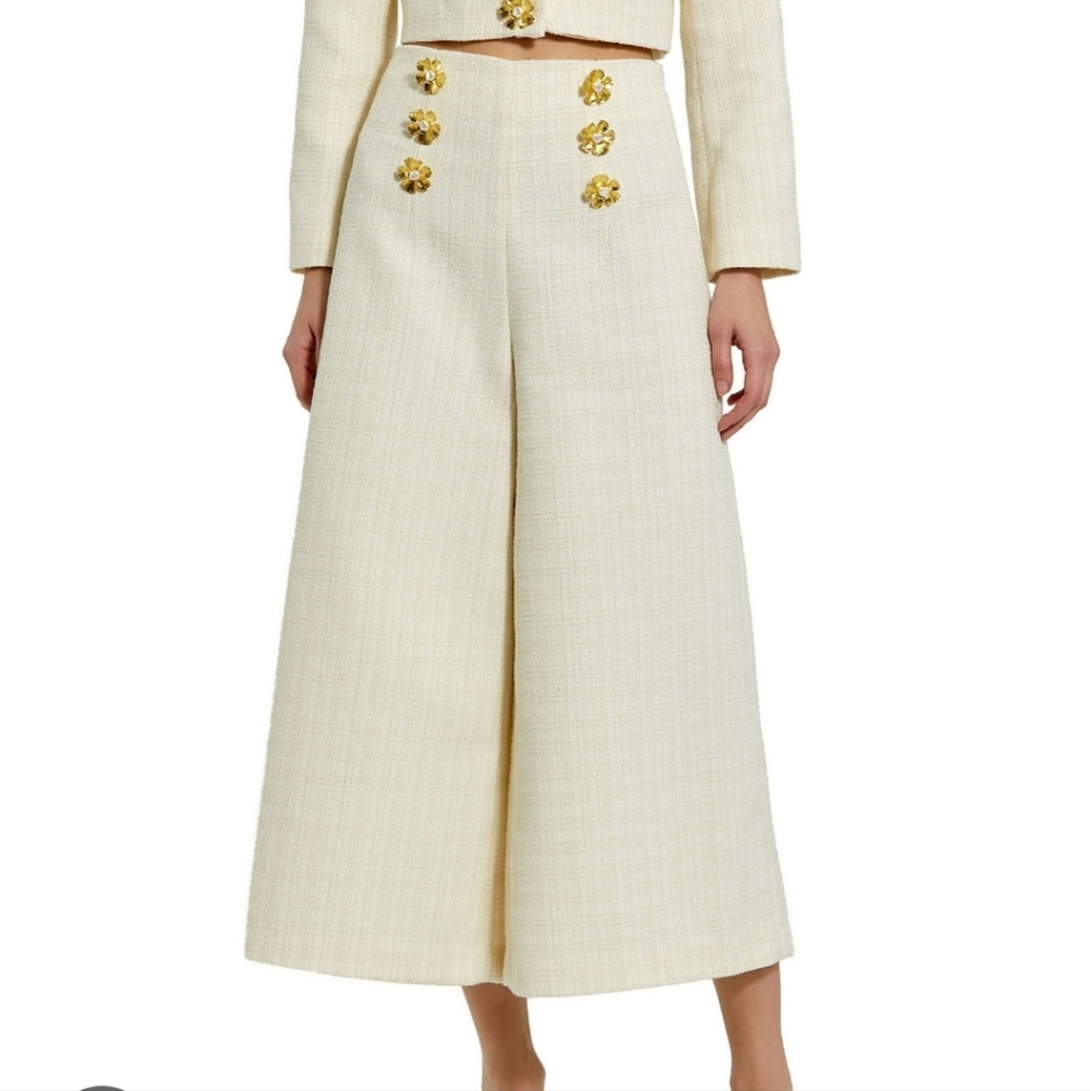 NWT MacDuggal Ivory Tweed High Waisted Wide Leg Sailor Pant Size 6 Gold Buttons